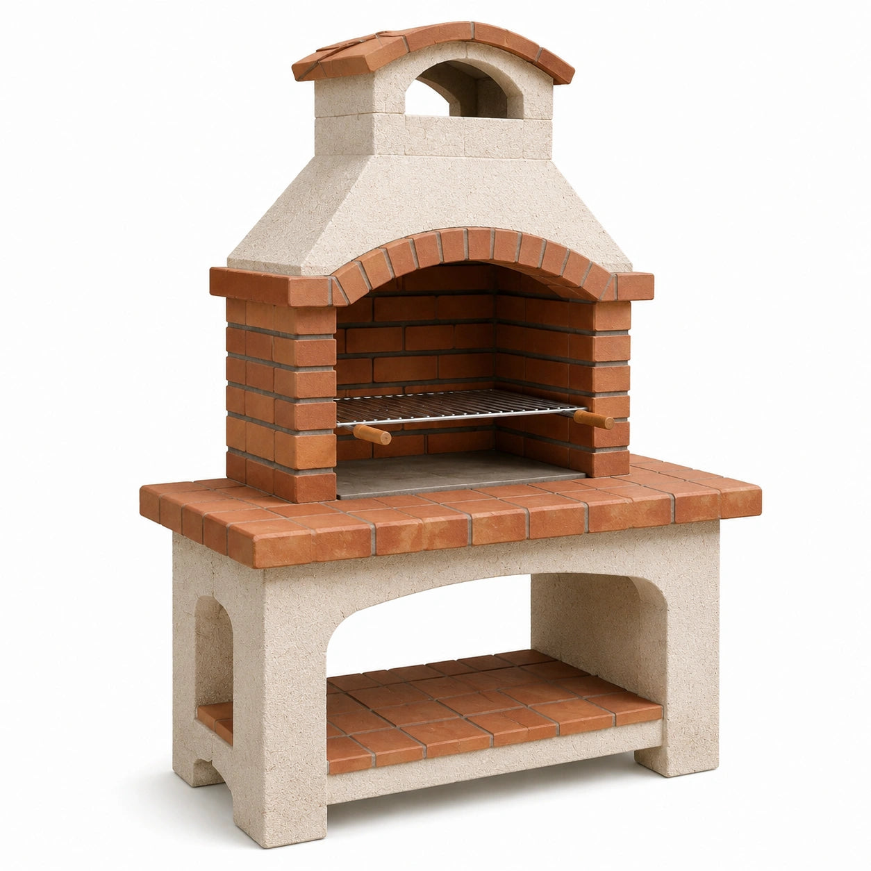 Grillkamin aus Beton und Ziegel mit Schornstein Beige/Rot
