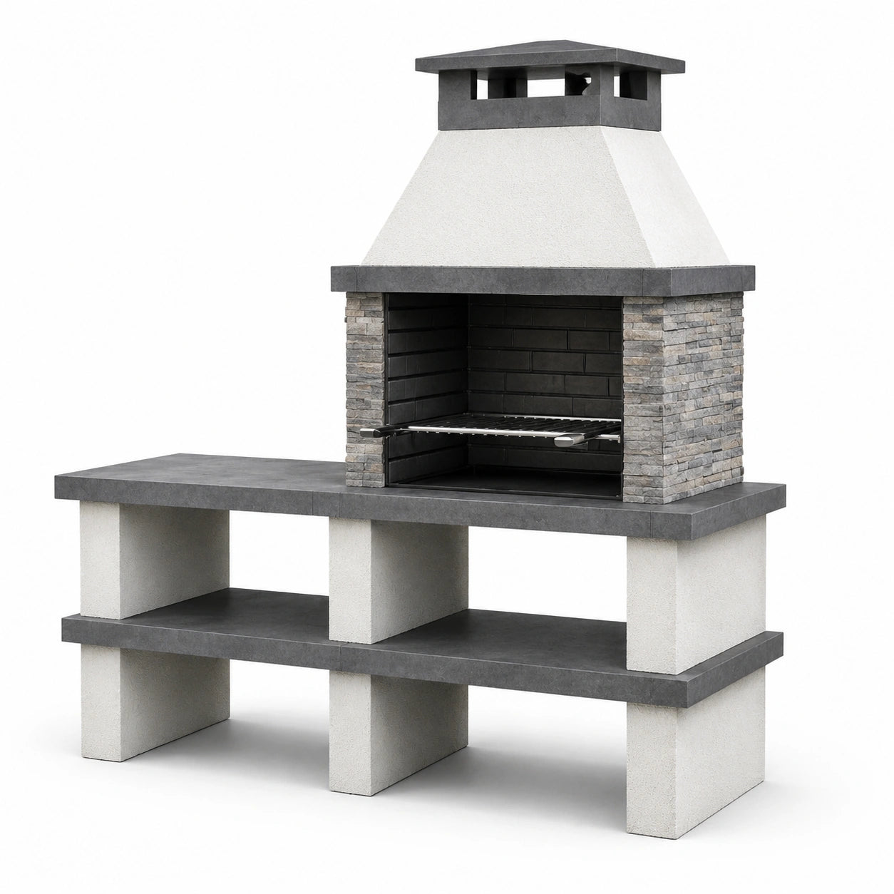 Grillkamin aus Beton und Naturstein 200x70x180 cm Grau/Weiß