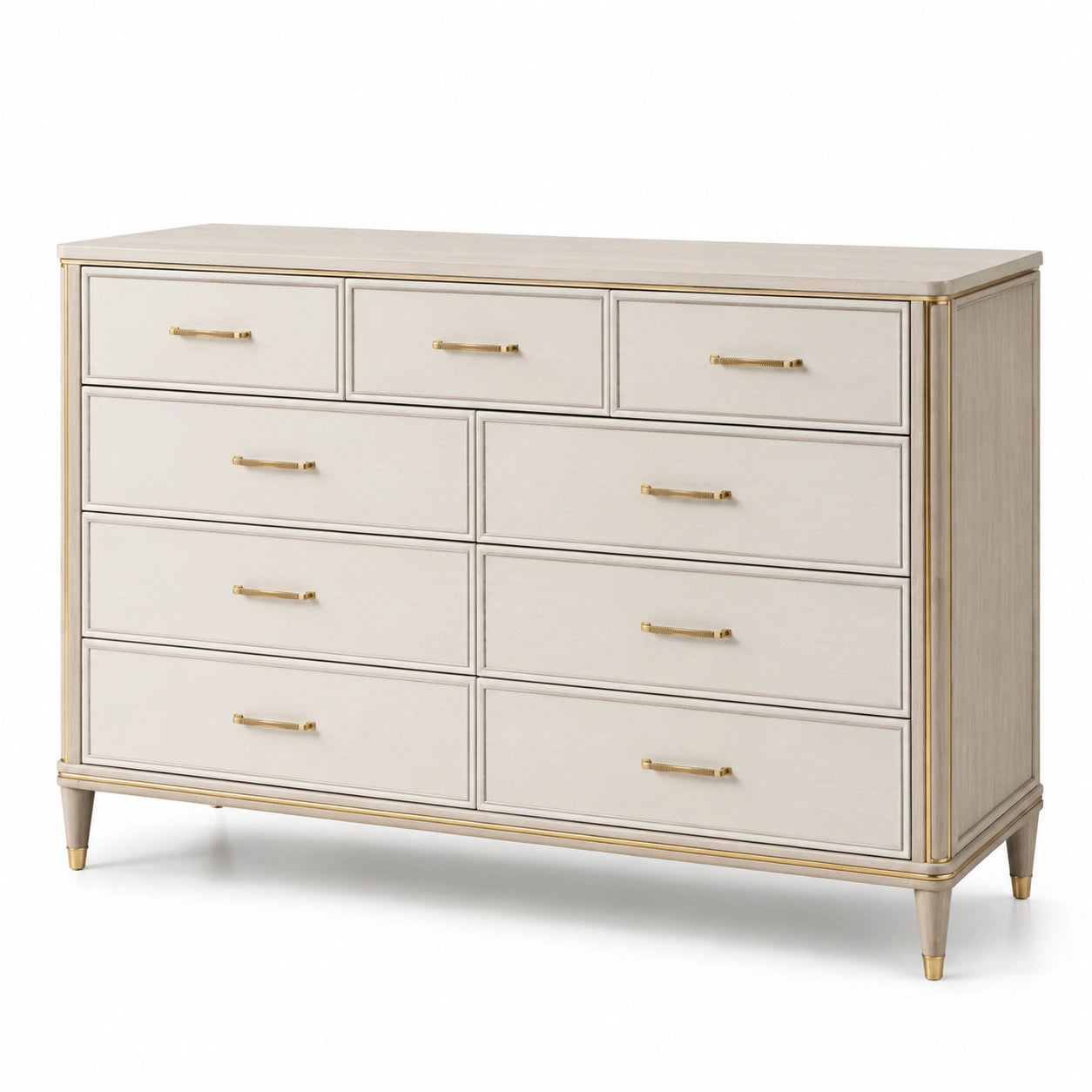 Holz Schubladenschrank 10 Schubladen Massivholz Beige/Gold 140x45x90cm