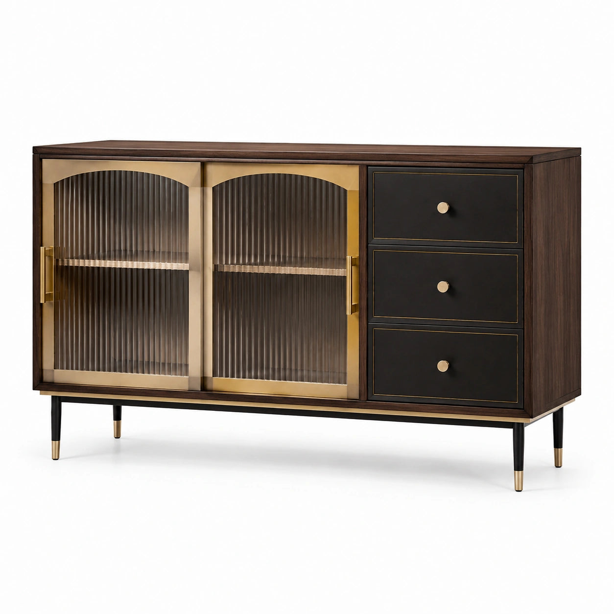 Sideboard aus Holzfurnier mit Riffelglas und Metallrahmen, 3 Schubladen, dunkelbraun