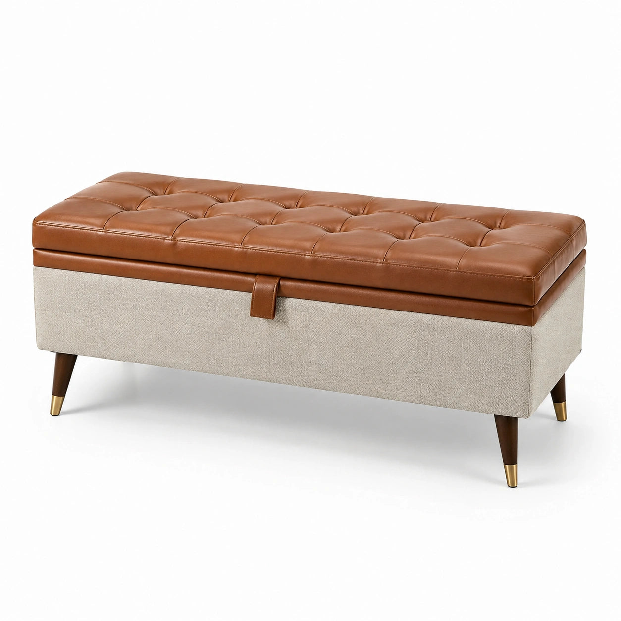 Bank mit Stauraum Leder Leinen 100cm Braun Beige