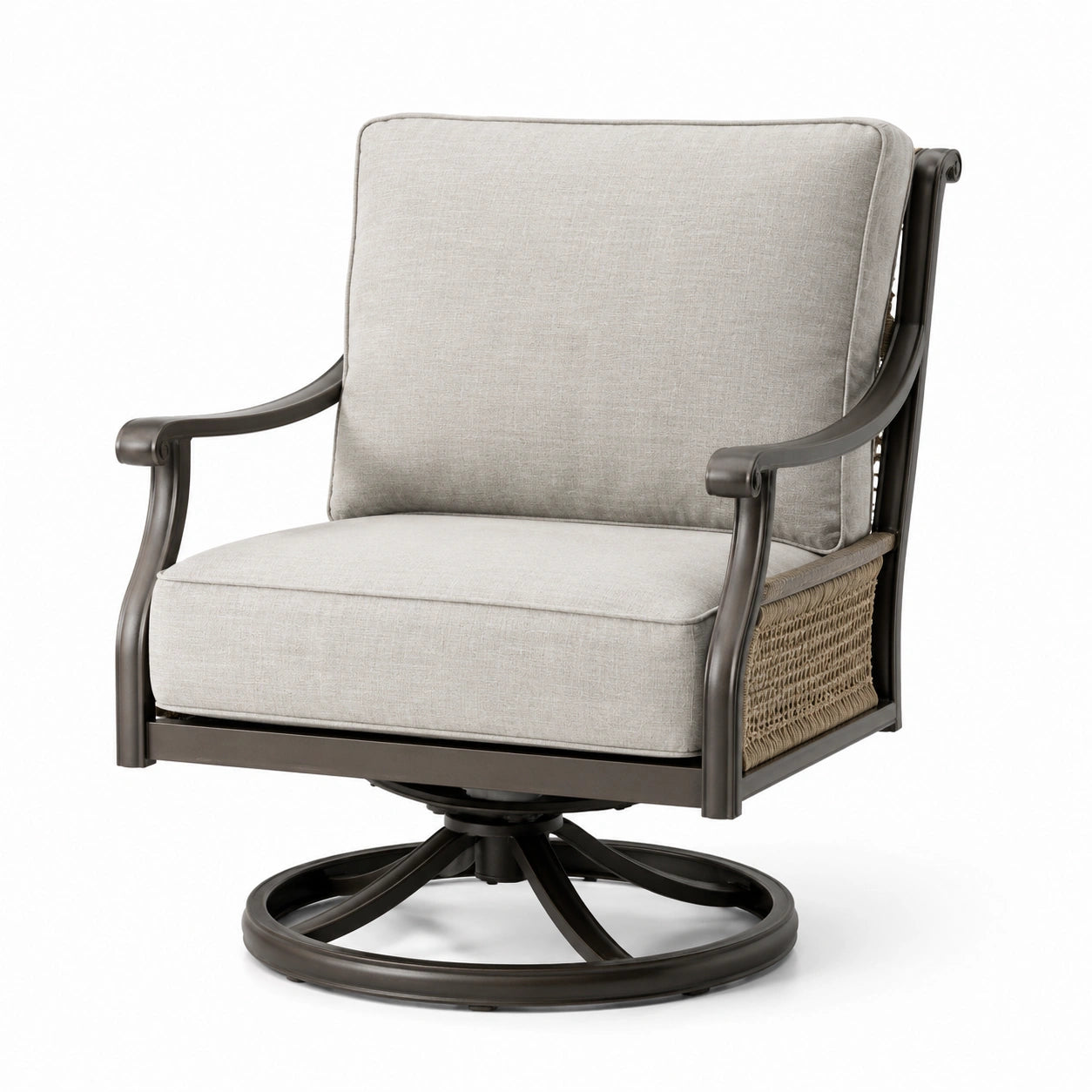 Aluminium Drehsessel mit Polyrattan und Polyesterkissen Grau/Braun