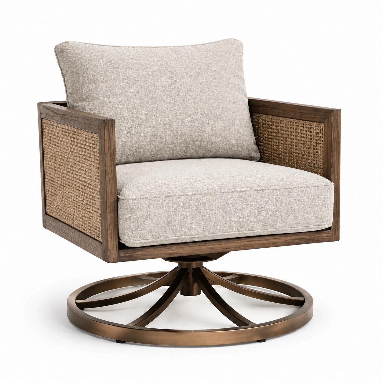 Drehsessel aus Stoff mit Walnussholz und Metallfuß, Beige