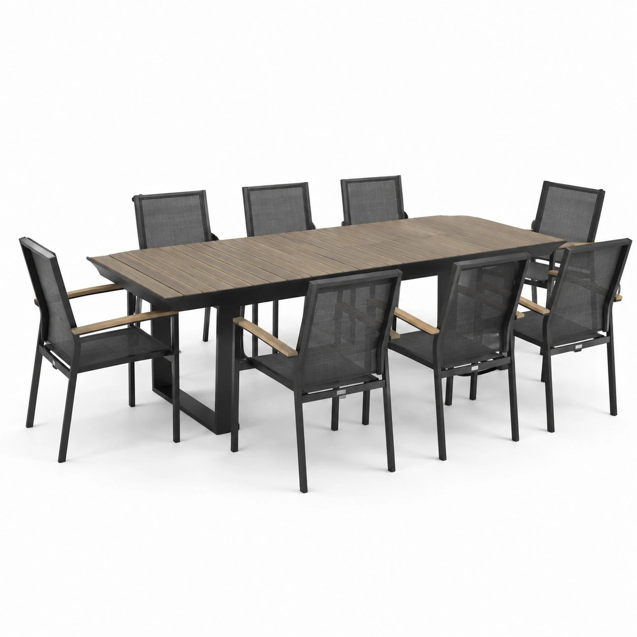 Garten-Essgruppe mit Tisch aus Aluminium und Holzoptik 200x100 cm mit 8 Stühlen