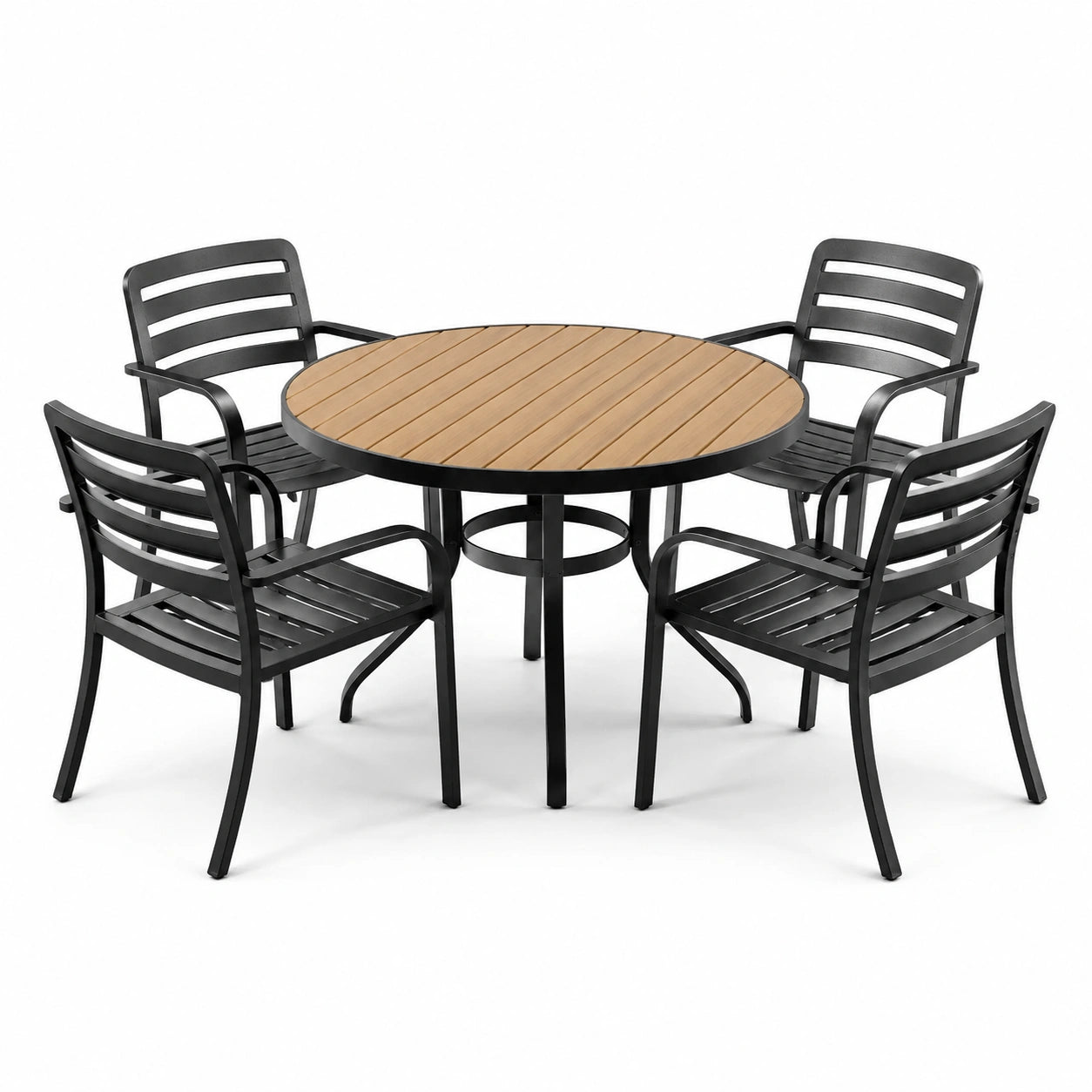 Runde Essgruppe aus Aluminium und Polywood Schwarz/Braun mit 4 Stühlen